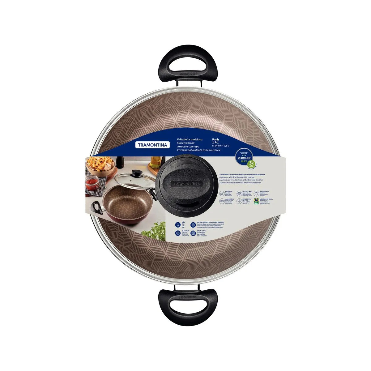 Arrocera Tramontina Paris en Aluminio con Revestimiento Interno y Externo Antiadherente Starflon Max Rojo con Tapa de Vidrio 24 cm 2,8 L