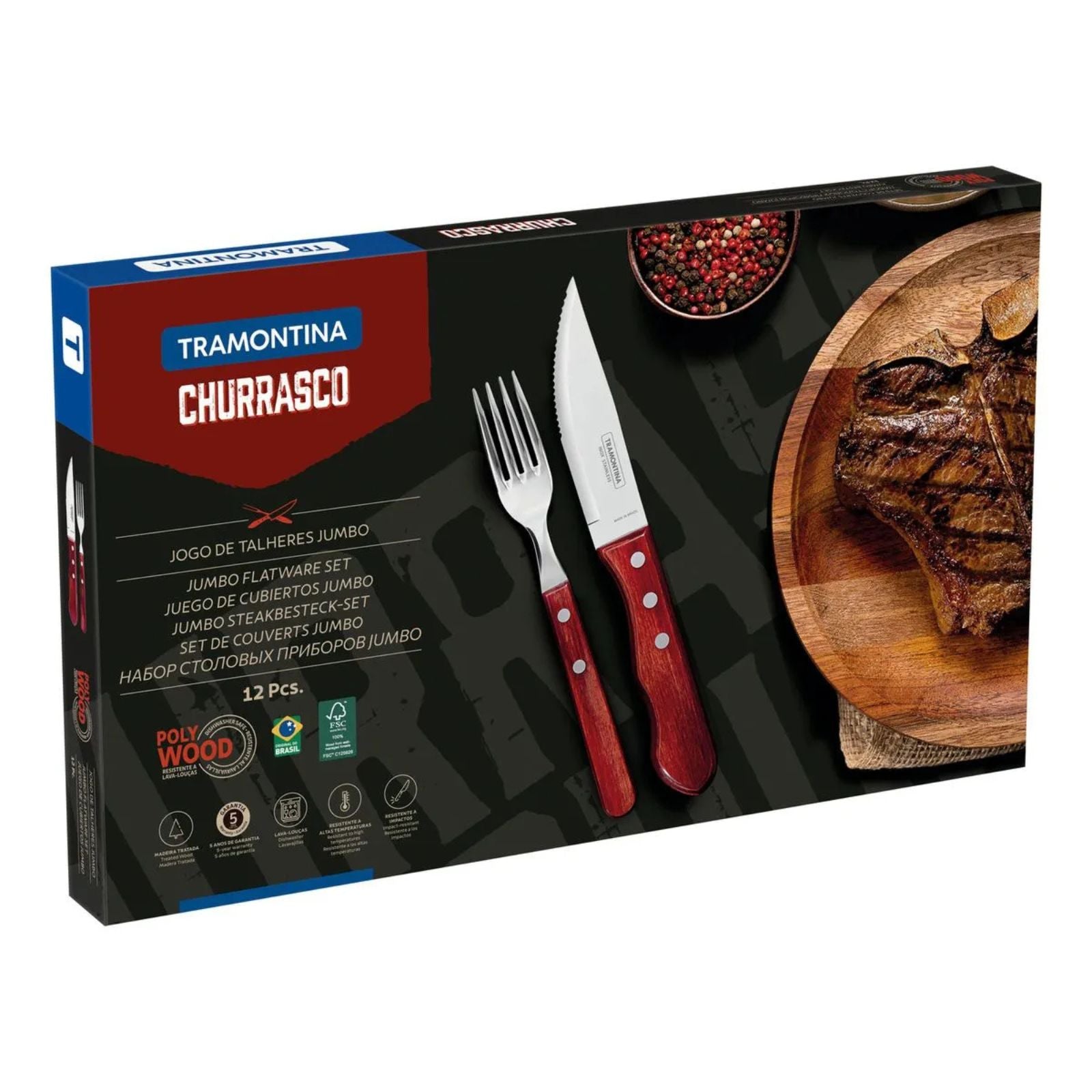 Juego de Cubiertos para Asado Jumbo Tramontina de Acero Inoxidable con Mango Rojo Polywood, 12 piezas.