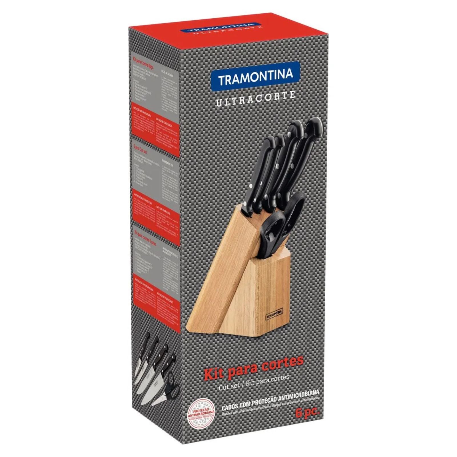 Juego de Cuchillos Tramontina Ultracorte con Láminas de Acero Inoxidable, Mangos de Polipropileno negro y soporte de madera 6 Piezas
