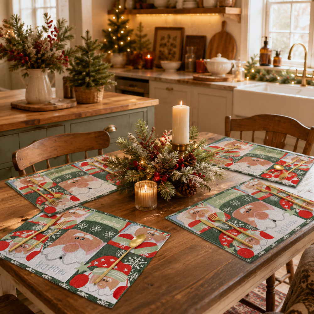 Set de 4 Individuales Navideños Viejo pascuero tonos verde y rojo