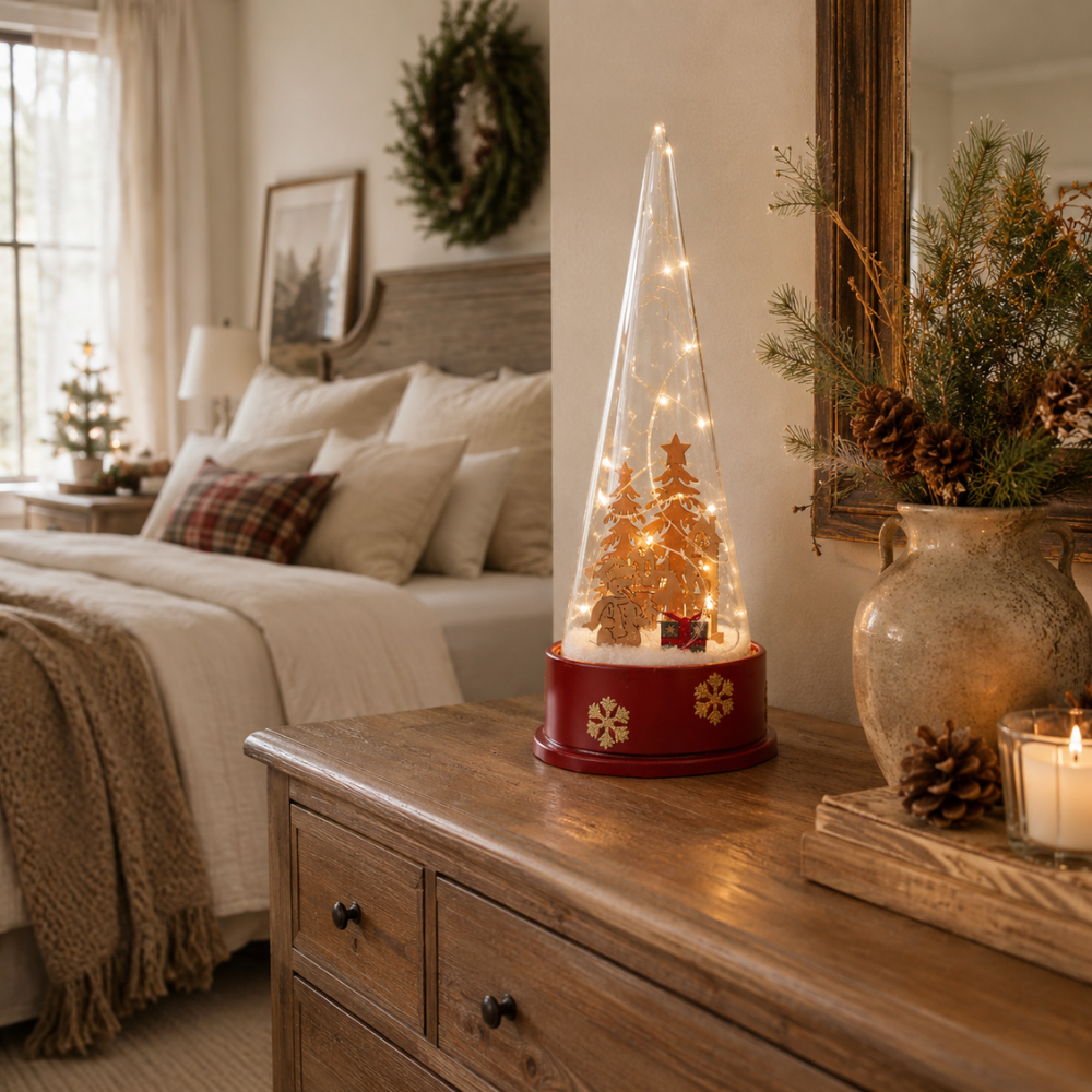 Adorno Navidad Rojo, diseño interior en madera, luminoso y musical de 26 cm
