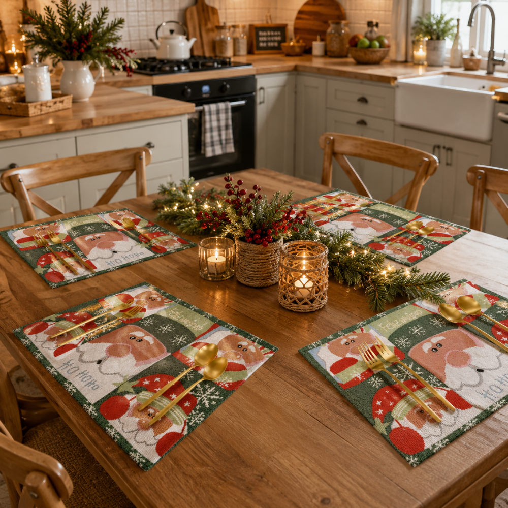Set de 4 Individuales Navideños Viejo pascuero tonos verde y rojo