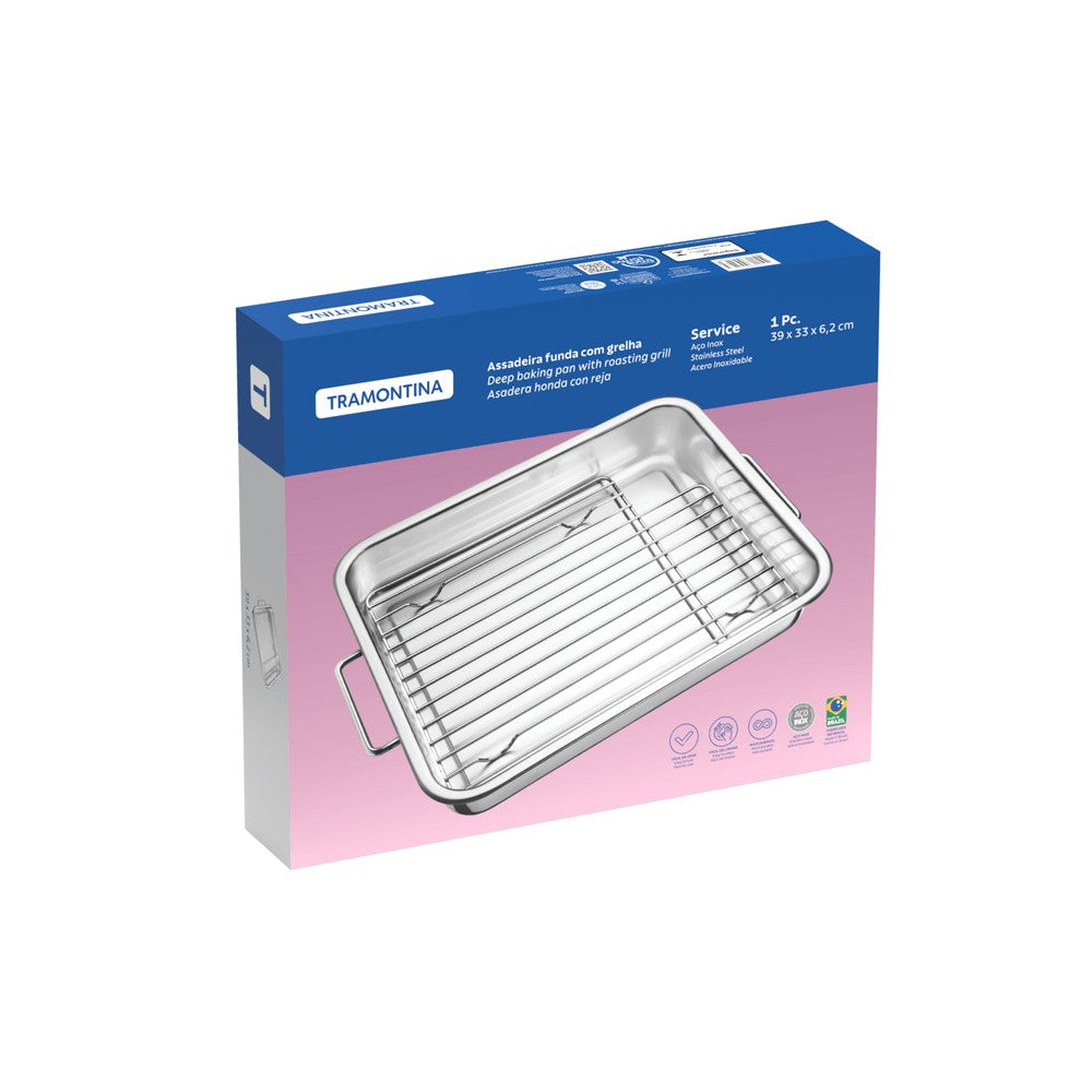 Fuente de hornear Tramontina Service de acero inoxidable con parrilla 39 x 33 cm 6,4 L