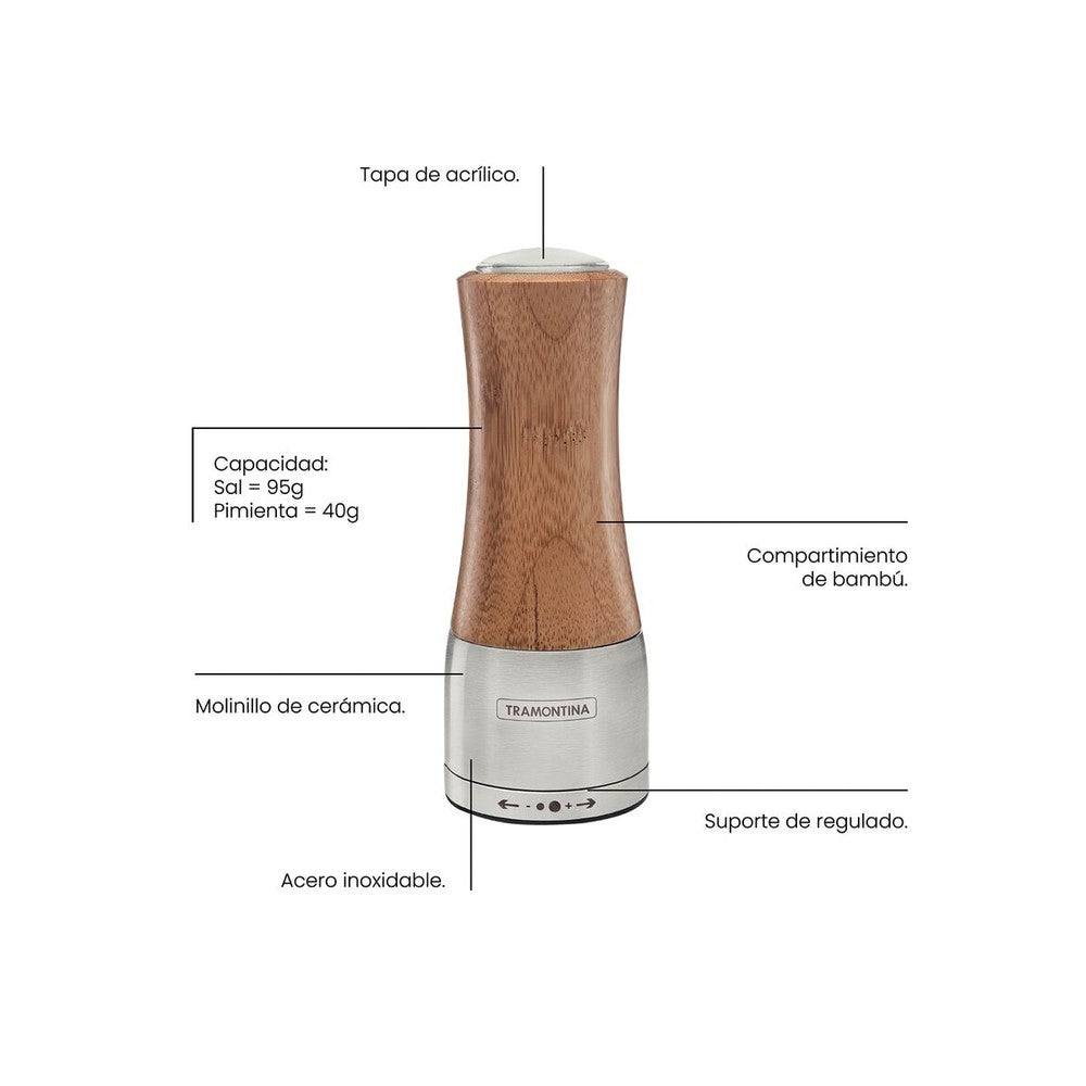 Molinillo Tramontina Realce para sal o pimienta de bambú y acero inoxidable con molino de cerámica