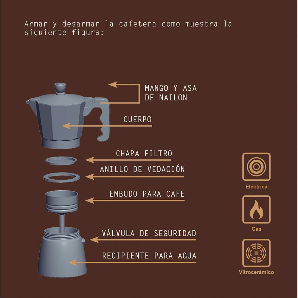 Cafetera Expresso Italiana Tramontina en Aluminio con Mango en Nylon 320 ml