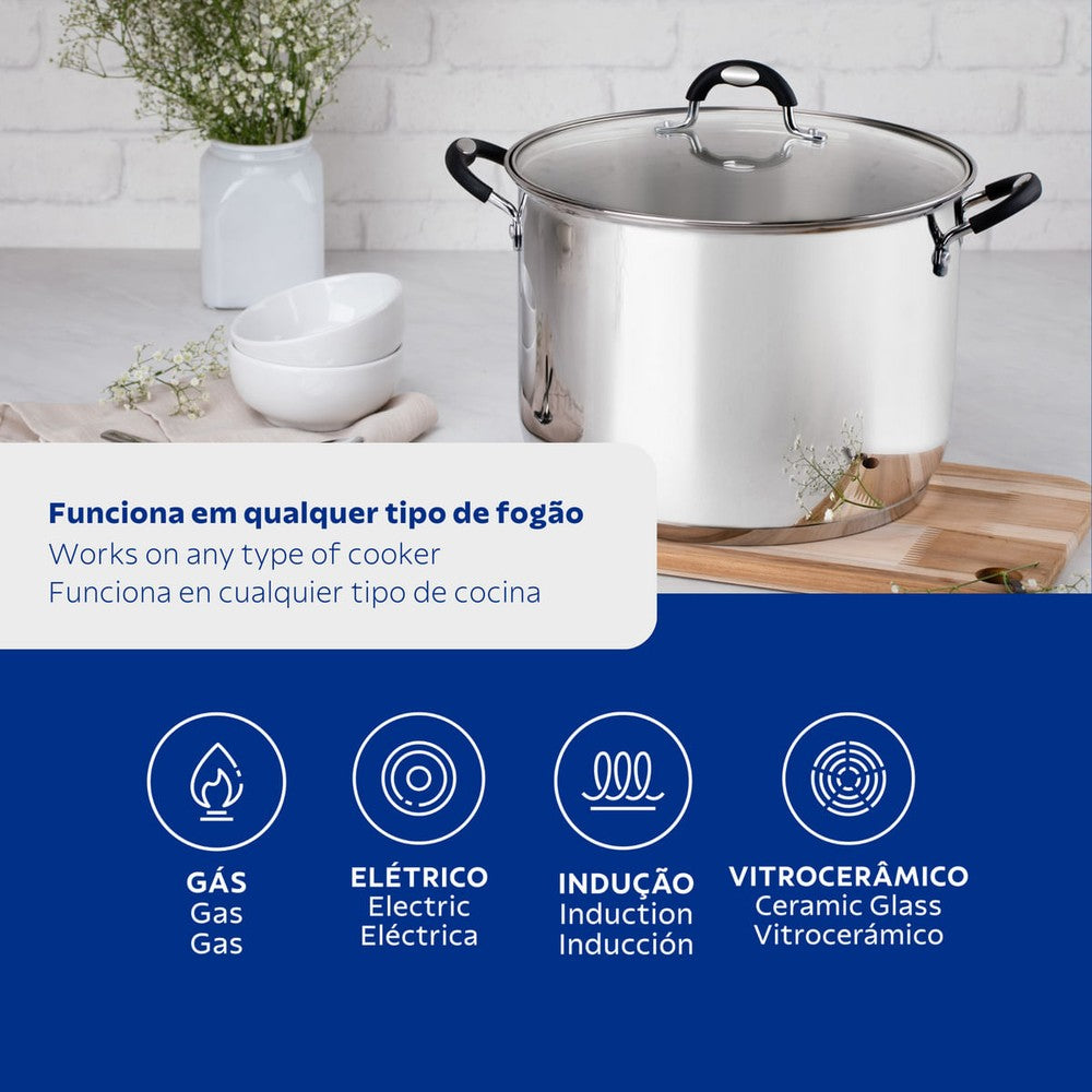 Olla alta Astro Silicone de acero inoxidable con fondo triple con tapa de vidrio de 28 cm y 11,4l Tramontina