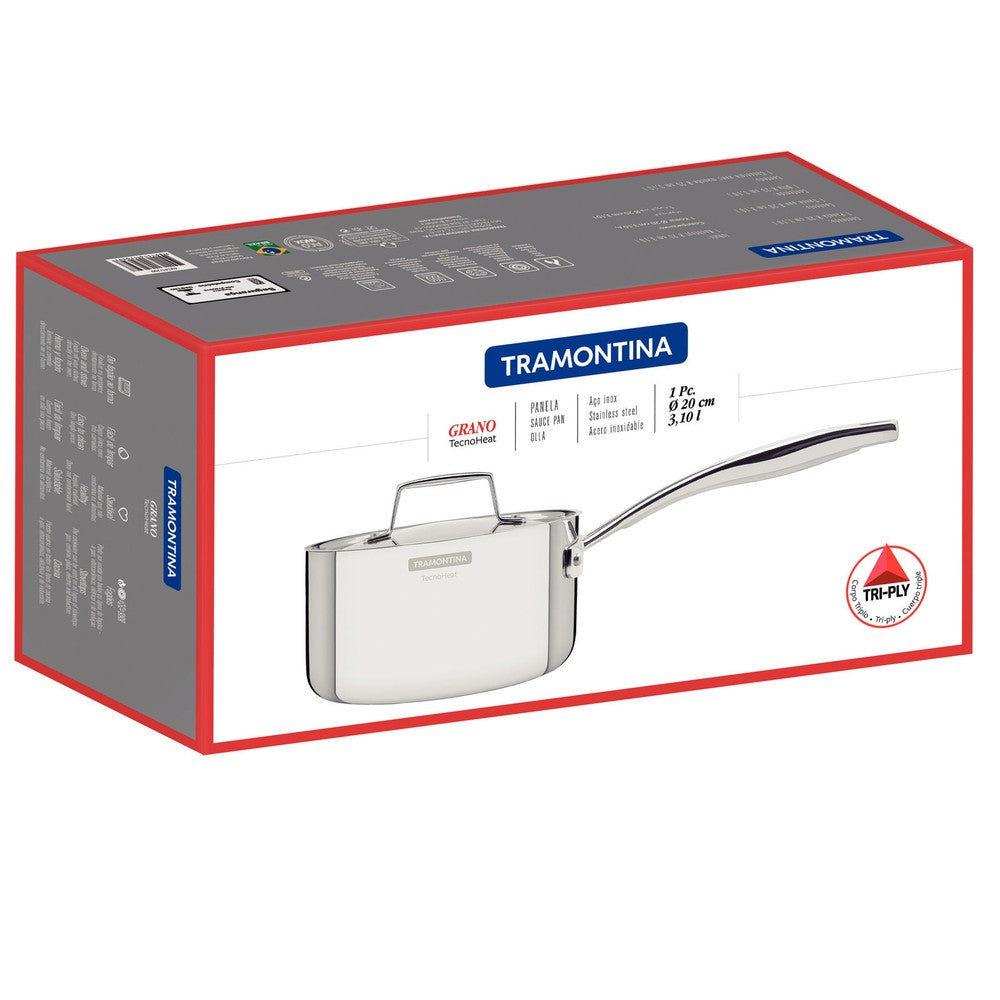 Olla Tramontina Grano de acero inoxidable cuerpo triple con tapa y mango 20 cm 3,1 L