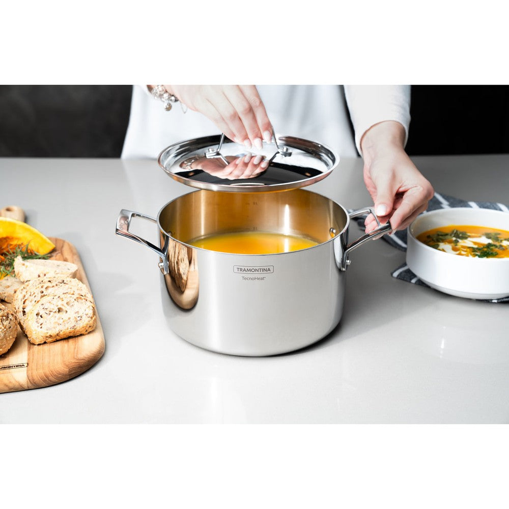 Cacerola Tramontina Grano honda de acero inoxidable cuerpo triple con tapa y asas 20 cm 3,8 L
