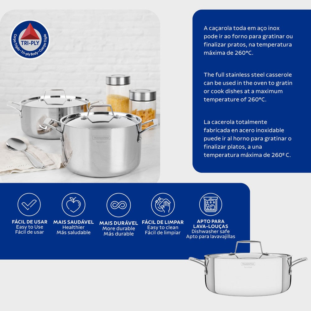 Cacerola Tramontina Grano honda de acero inoxidable cuerpo triple con tapa y asas 24 cm 5,8 L