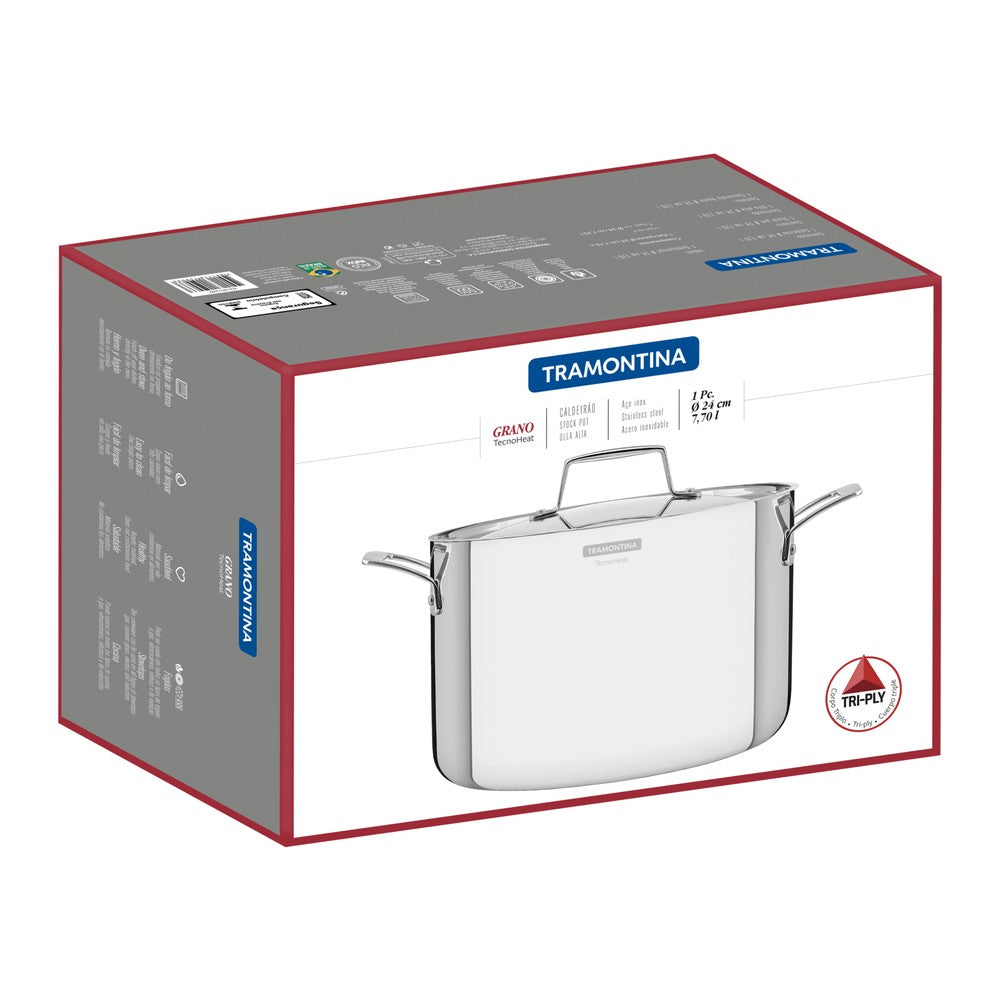 Olla Alta Tramontina Grano de acero inoxidable cuerpo triple con tapa y asas 24 cm 7,7 L
