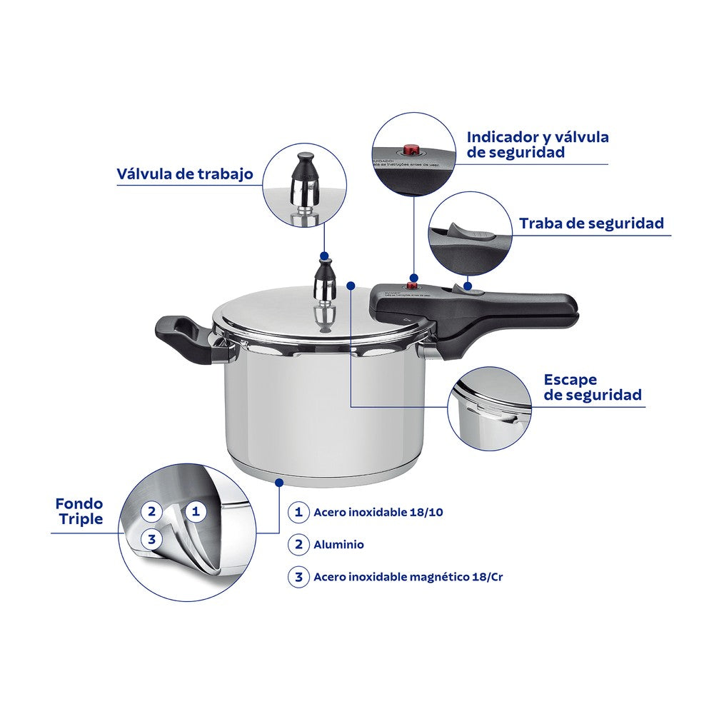 Olla a Presión Tramontina Brava en Acero Inoxidable con Fondo Triple 22 cm 6 L