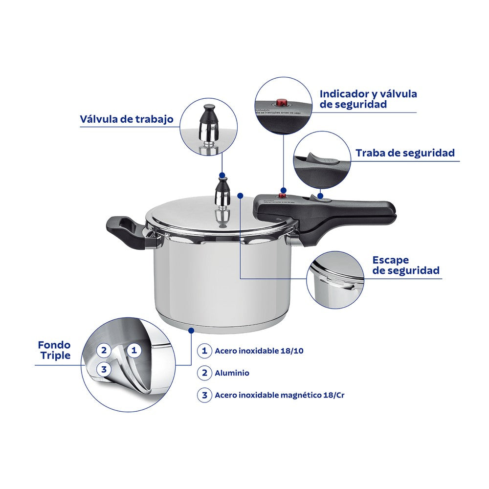 Olla a Presión Tramontina Brava en Acero Inoxidable con Fondo Triple 22 cm 6 L
