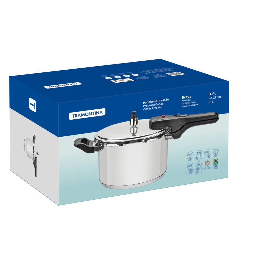 Olla a Presión Tramontina Brava en Acero Inoxidable con Fondo Triple 22 cm 6 L