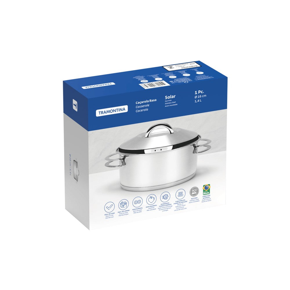 Cacerola Tramontina Solar rasa de acero inoxidable fondo triple con tapa y asas 16 cm 1,4 L