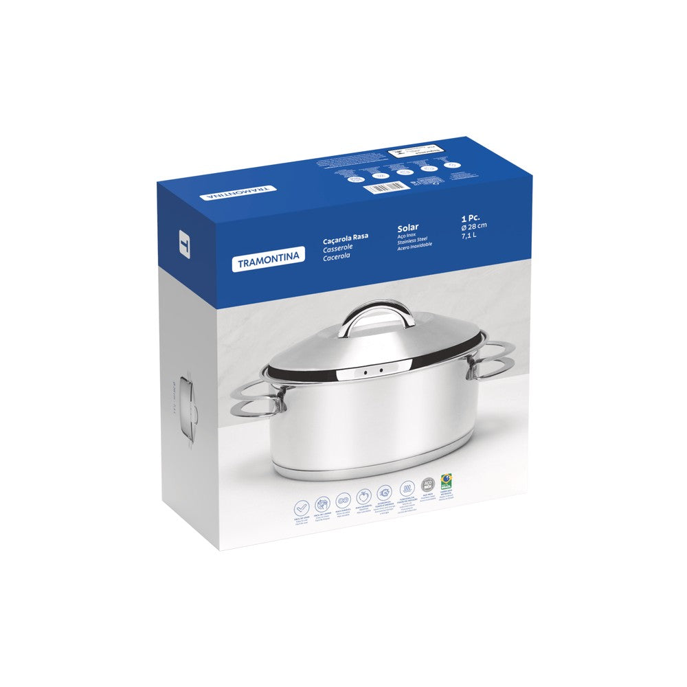 Cacerola Tramontina Solar rasa de acero inoxidable fondo triple con tapa y asas 28 cm 7,1 L