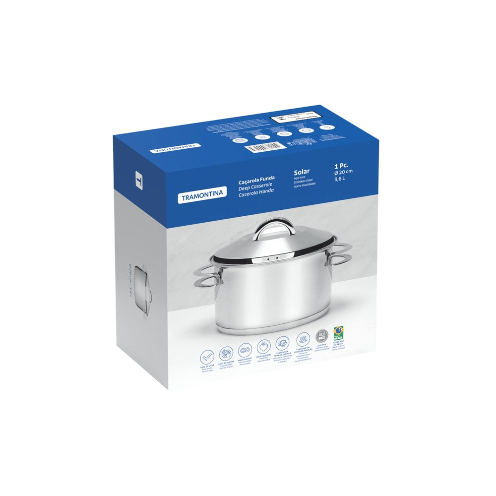 Cacerola Tramontina Solar honda de acero inoxidable fondo triple con tapa y asas 20 cm 3,6 L