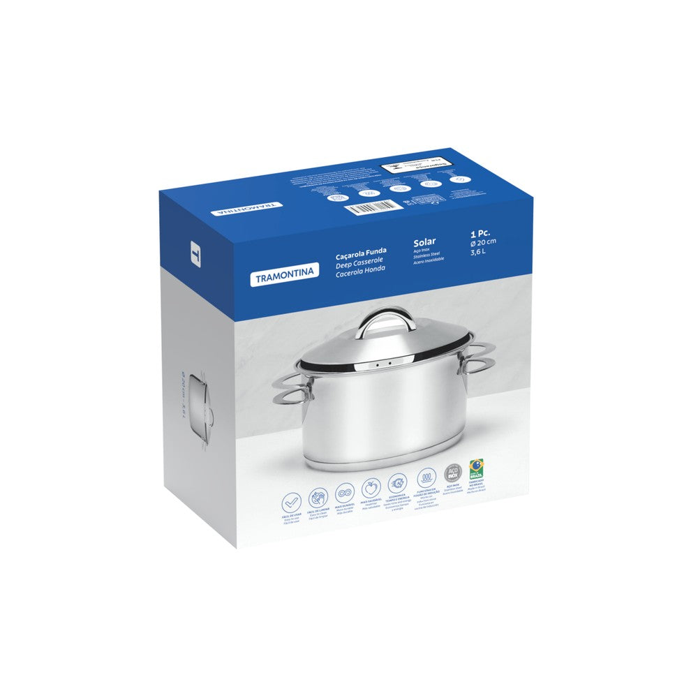 Cacerola Tramontina Solar honda de acero inoxidable fondo triple con tapa y asas 20 cm 3,6 L