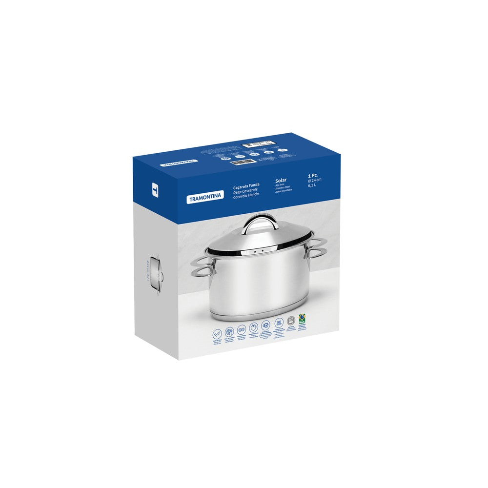 Cacerola Tramontina Solar honda de acero inoxidable fondo triple con tapa y asas 24 cm 6,1 L