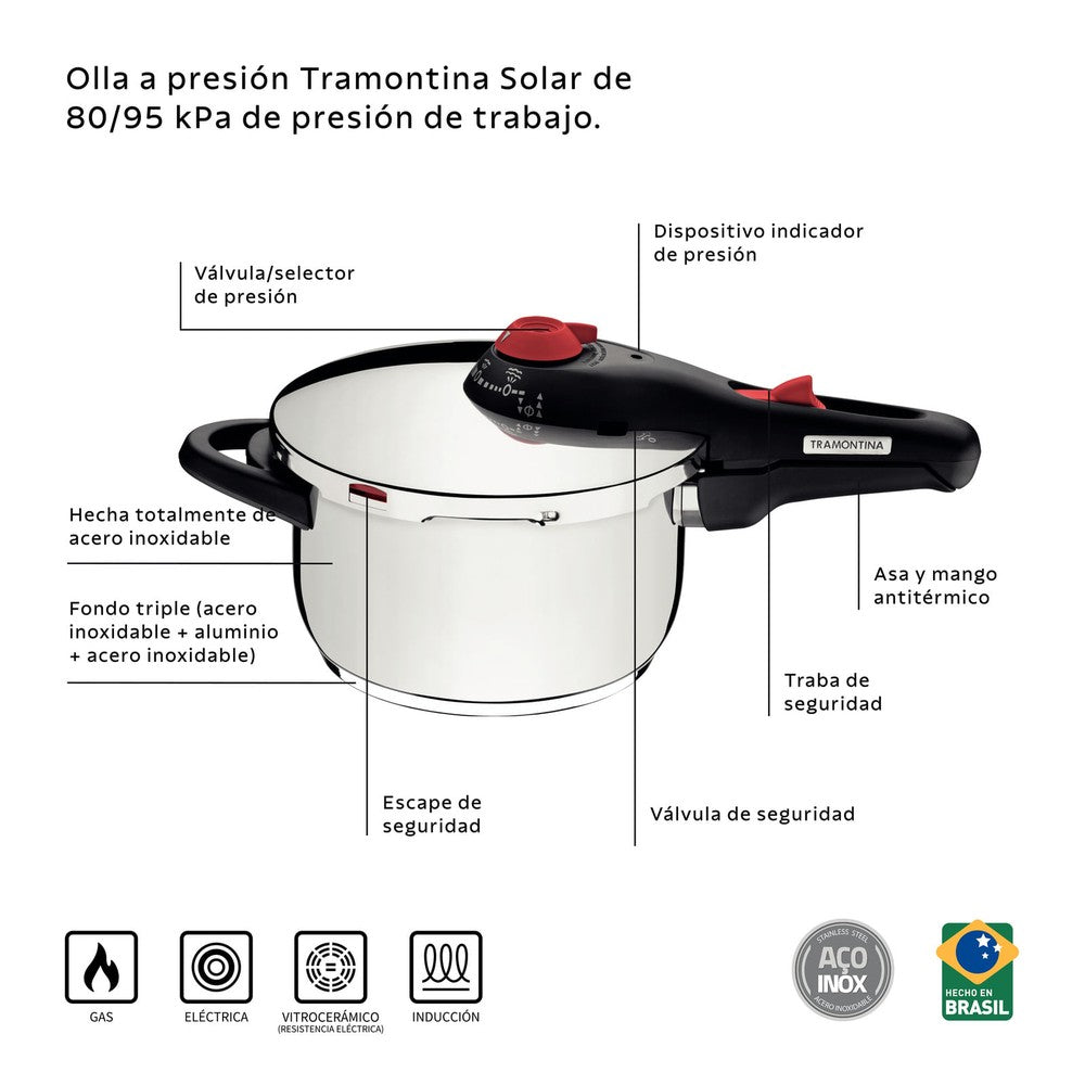 Olla a presión Tramontina Solar de acero inoxidable fondo triple con 5 dispositivos de seguridad 22 cm 6 L
