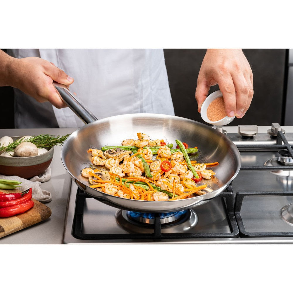 Sartén Tramontina Professional raso de acero inoxidable fondo triple con mango 30 cm 2,9 L