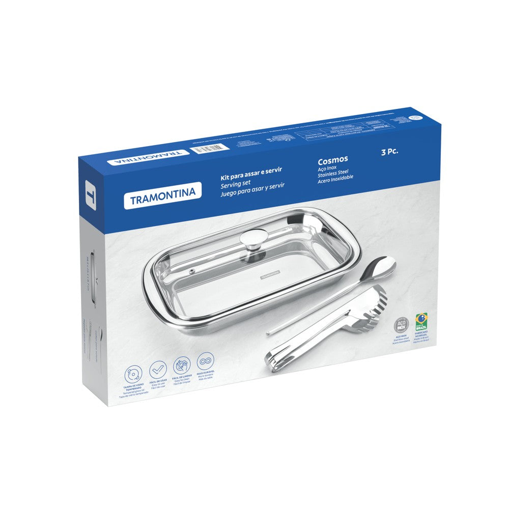 Juego para hornear y servir Cosmos de acero inoxidable con tapa de vidrio de 3 piezas Tramontina