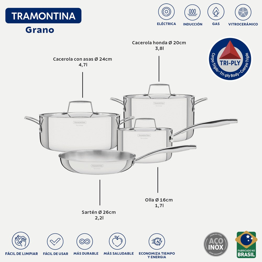 Batería Tramontina Grano de acero inoxidable con cuerpo triple 4 piezas