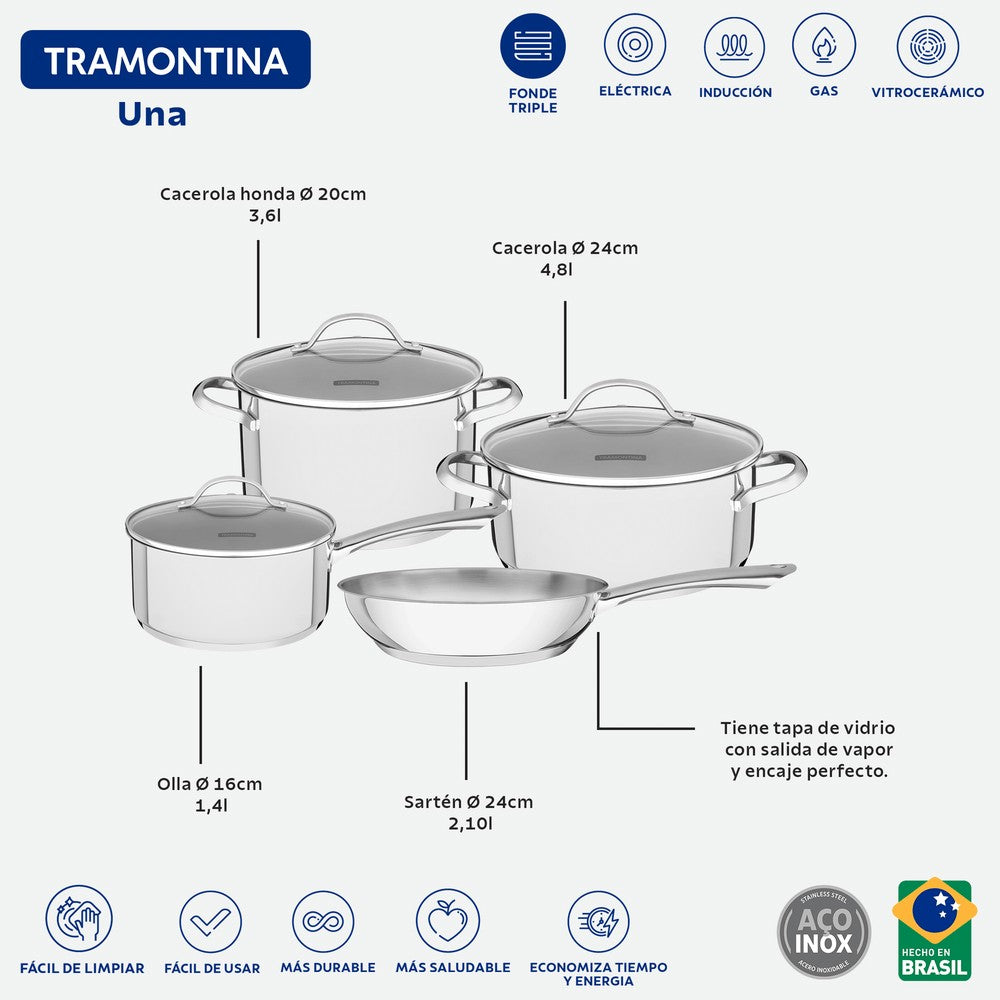 Batería de Cocina en Acero Triple Fondo 4 Pza Tramontina Una