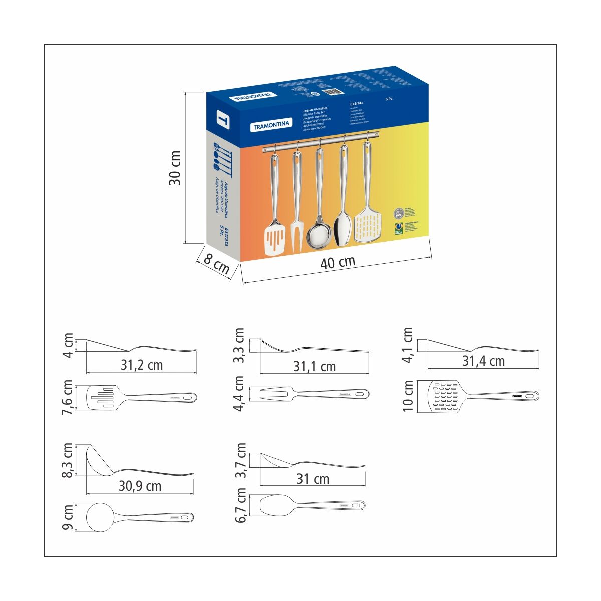 Juego de utensilios Tramontina  Extrata de acero inoxidable con soporte de pared 5 piezas