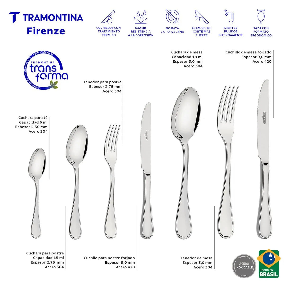 Juego de cubiertos de 130 piezas Tramontina Firenze de acero inoxidable con cuchillos de mesa forjados, terminación brillante