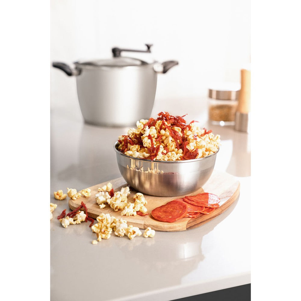 Olla para palomitas de maíz Tramontina Allegra en acero inoxidable con fondo triple y tapa de vidrio con borde de silicona 22 cm 5,6 L