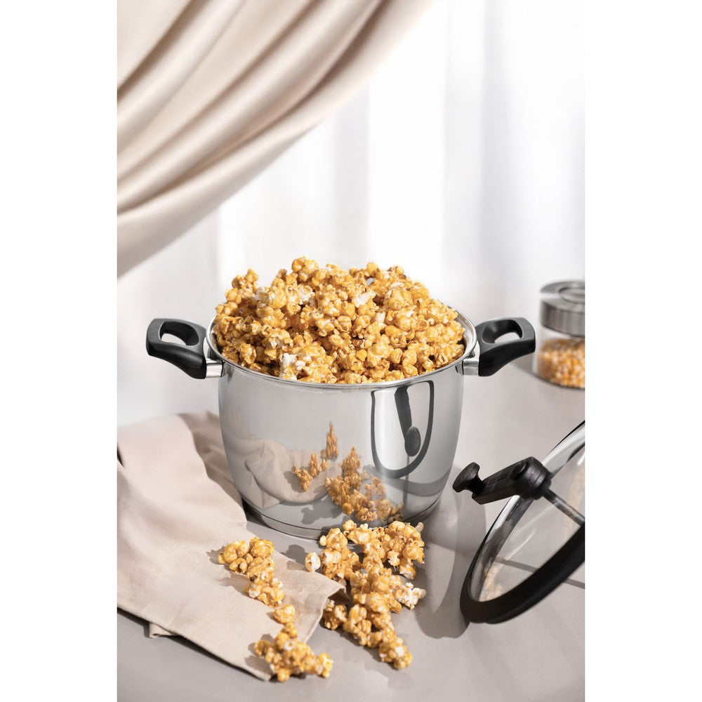 Olla para palomitas de maíz Tramontina Allegra en acero inoxidable con fondo triple y tapa de vidrio con borde de silicona 22 cm 5,6 L