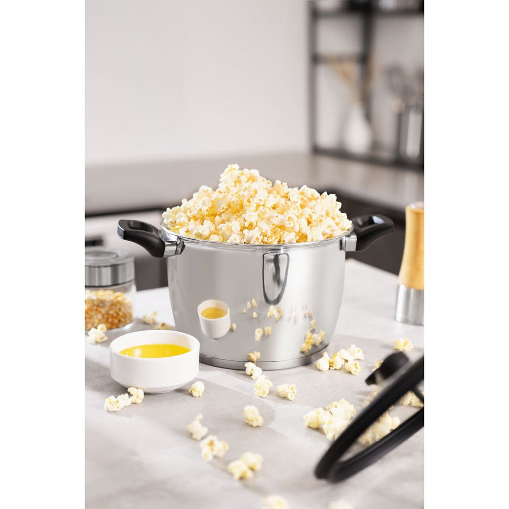 Olla para palomitas de maíz Tramontina Allegra en acero inoxidable con fondo triple y tapa de vidrio con borde de silicona 22 cm 5,6 L