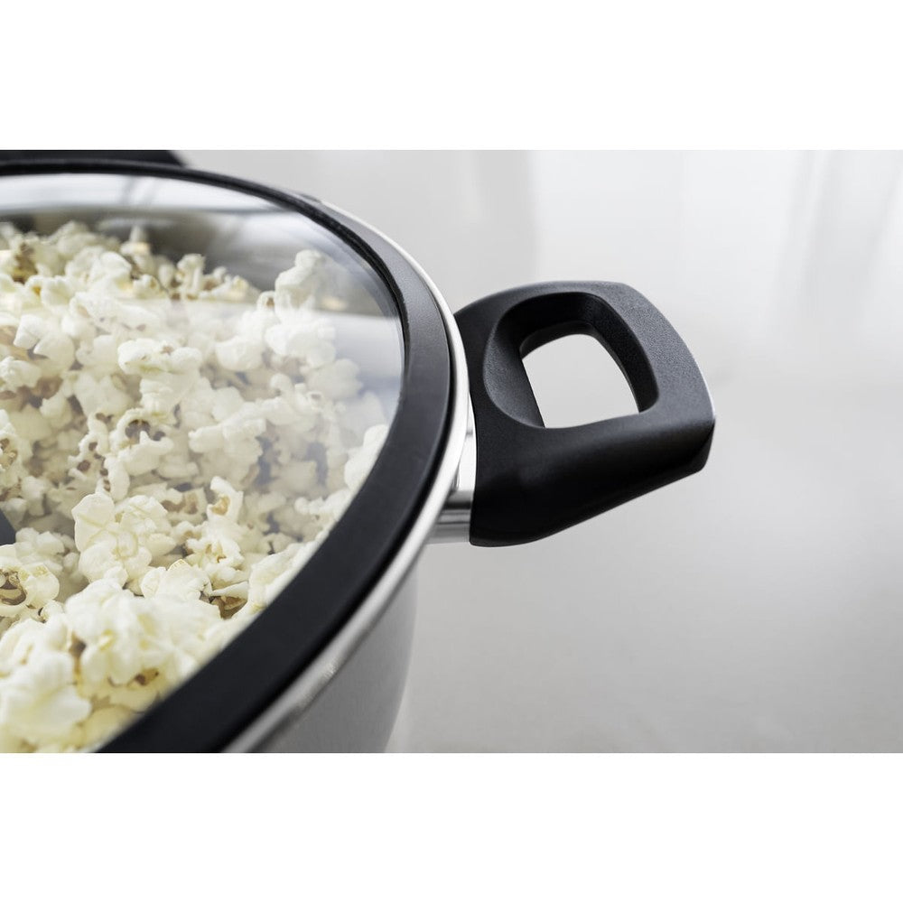 Olla para palomitas de maíz Tramontina Allegra en acero inoxidable con fondo triple y tapa de vidrio con borde de silicona 22 cm 5,6 L