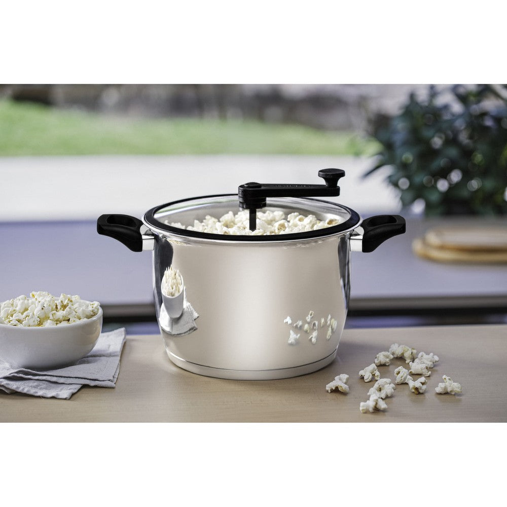 Olla para palomitas de maíz Tramontina Allegra en acero inoxidable con fondo triple y tapa de vidrio con borde de silicona 22 cm 5,6 L