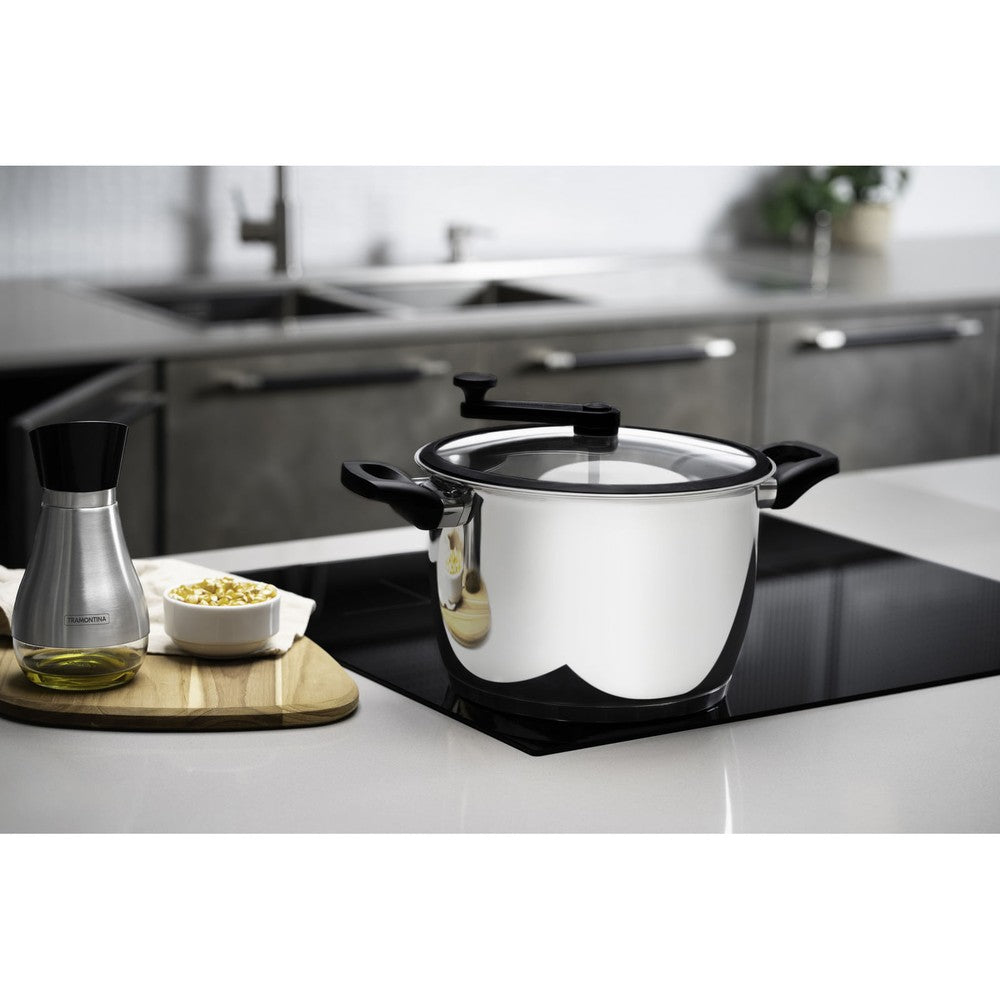 Olla para palomitas de maíz Tramontina Allegra en acero inoxidable con fondo triple y tapa de vidrio con borde de silicona 22 cm 5,6 L