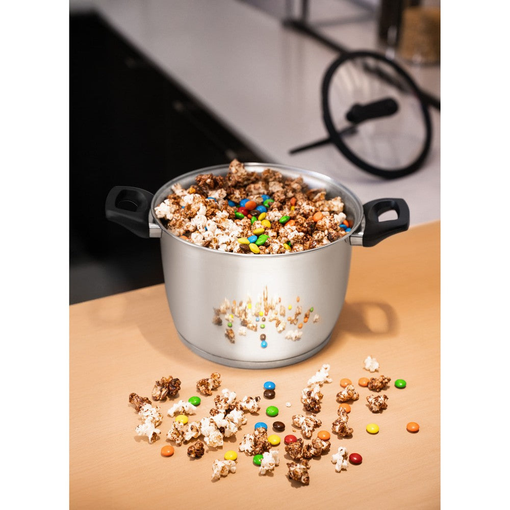 Olla para palomitas de maíz Tramontina Allegra en acero inoxidable con fondo triple y tapa de vidrio con borde de silicona 22 cm 5,6 L