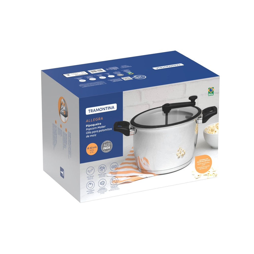 Olla para palomitas de maíz Tramontina Allegra en acero inoxidable con fondo triple y tapa de vidrio con borde de silicona 22 cm 5,6 L