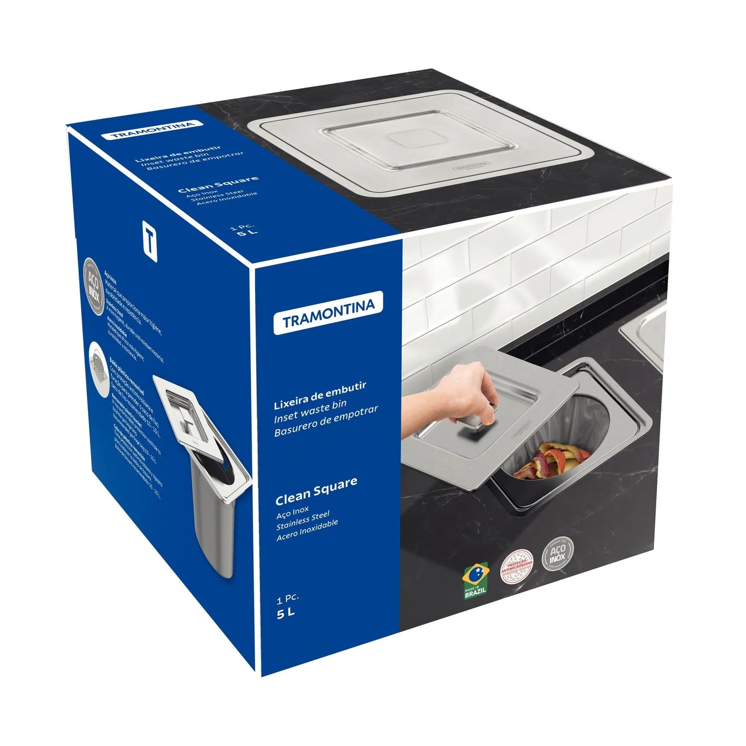 Basurero de empotrar Tramontina Clean Square en acero inoxidable con balde plástico de 5 L - imagen 2