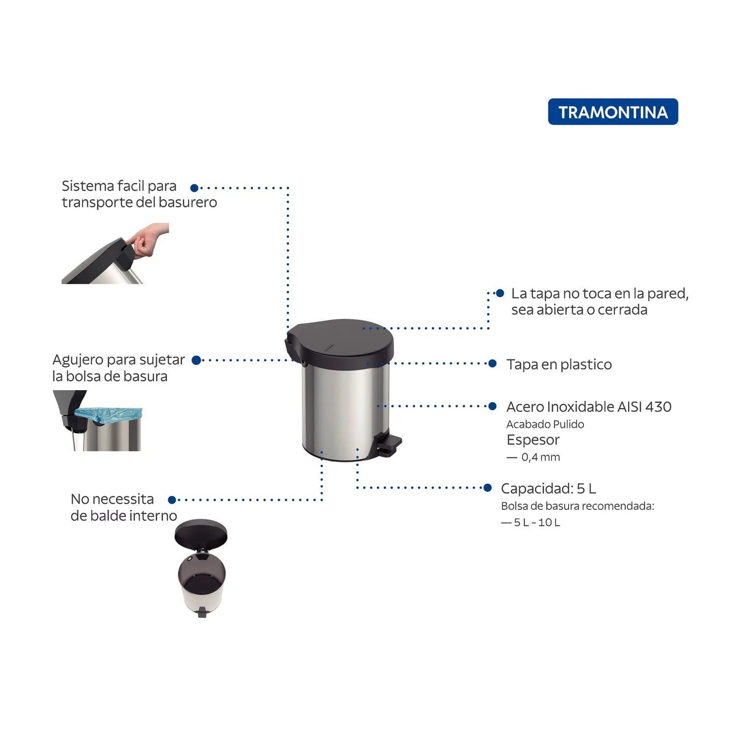 Basurero con Pedal New Tramontina 5L Acero Inoxidable Negro - imagen 2