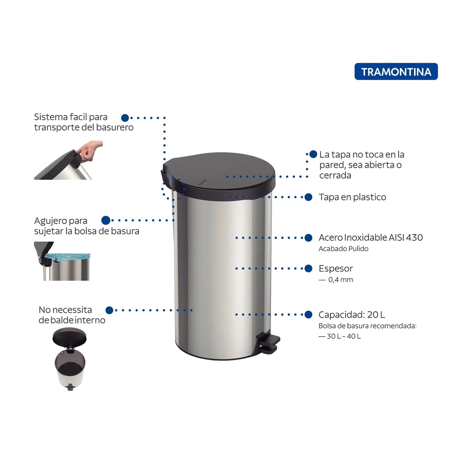 Basurero con Pedal NewTramontina 20L Acero Inoxidable Negro - imagen 2