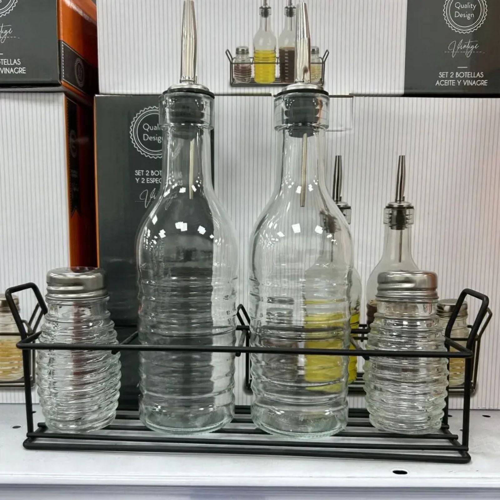 Alcuza Set de 4 botellas Aceite y Vinagre 250cc + 2 Especieros