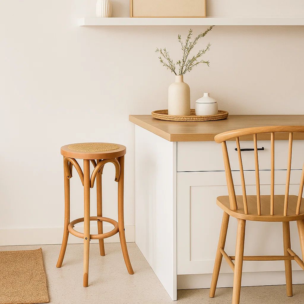 Banco de diseño Retro en Madera con Asiento Trenzado