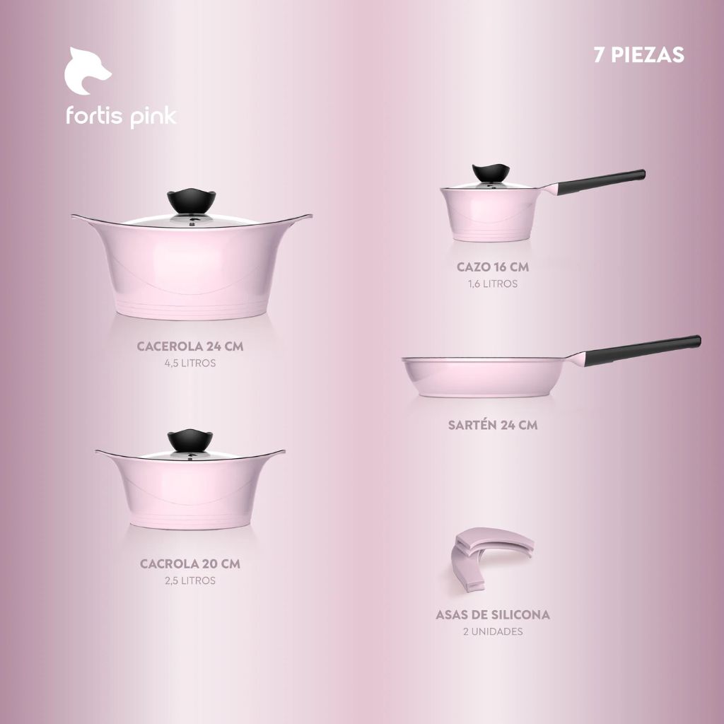 Batería Cocina Aluminio Fundido 7 piezas Fortis Pink