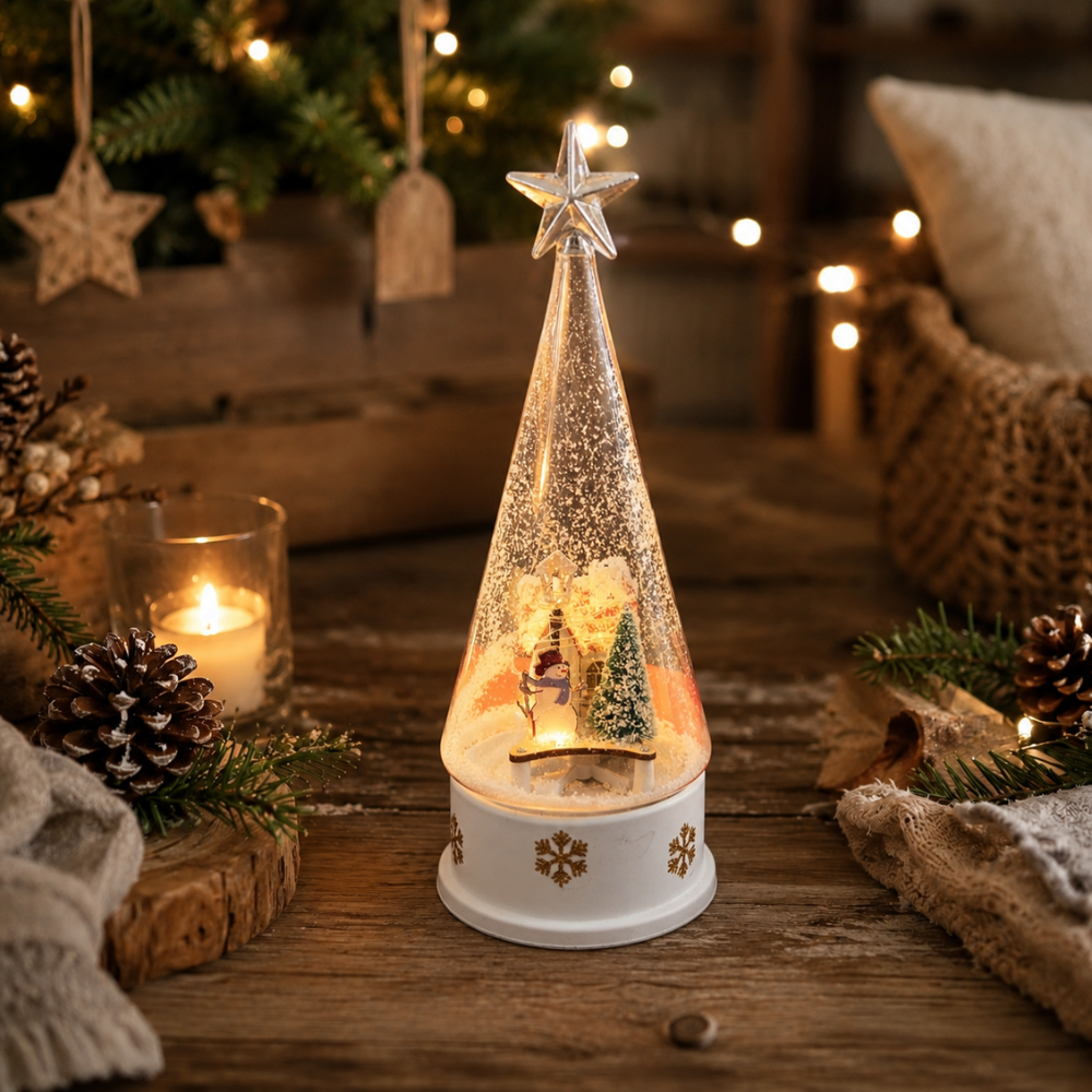Adorno Navidad Blanco, luminoso, musical con nieve en movimiento de 28 cm