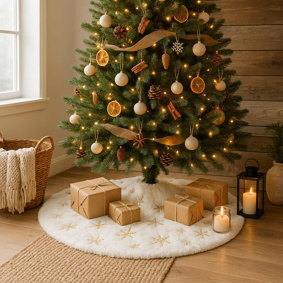 Faldón Arbol Naviidad Blanco Bordado Copo de Lentejuela 115 cm