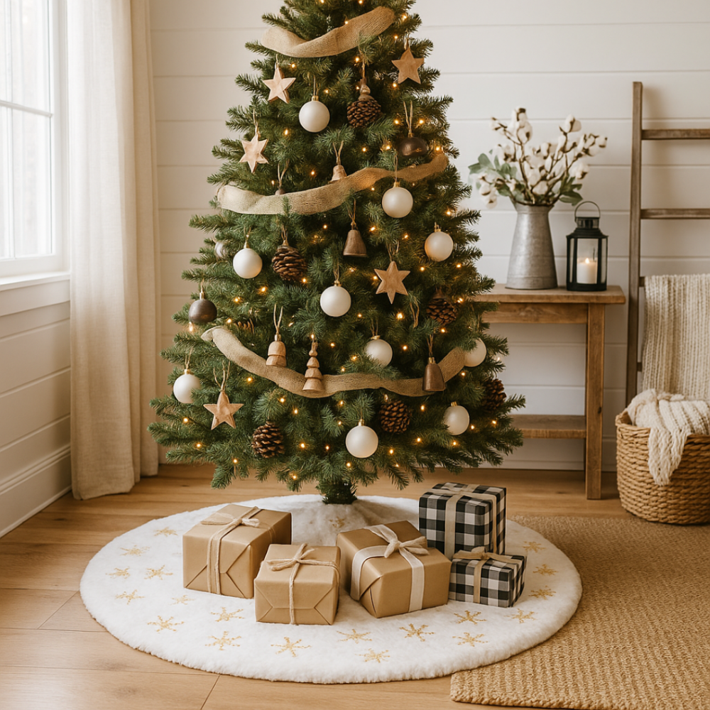 Faldón Arbol Naviidad Blanco Bordado Copo de Lentejuela 115 cm