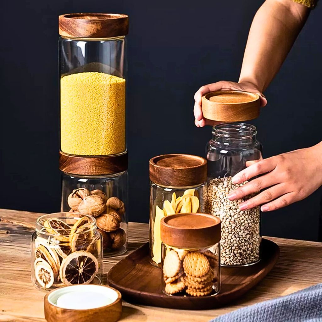 Set de 3 Frascos de Vidrio con tapa de Madera 500 ml
