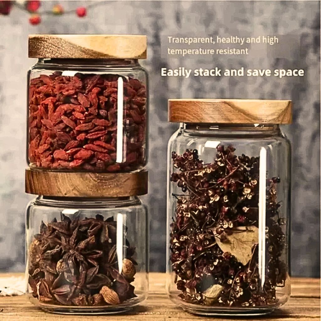 Set de 3 Frascos de Vidrio con tapa de Madera 500 ml