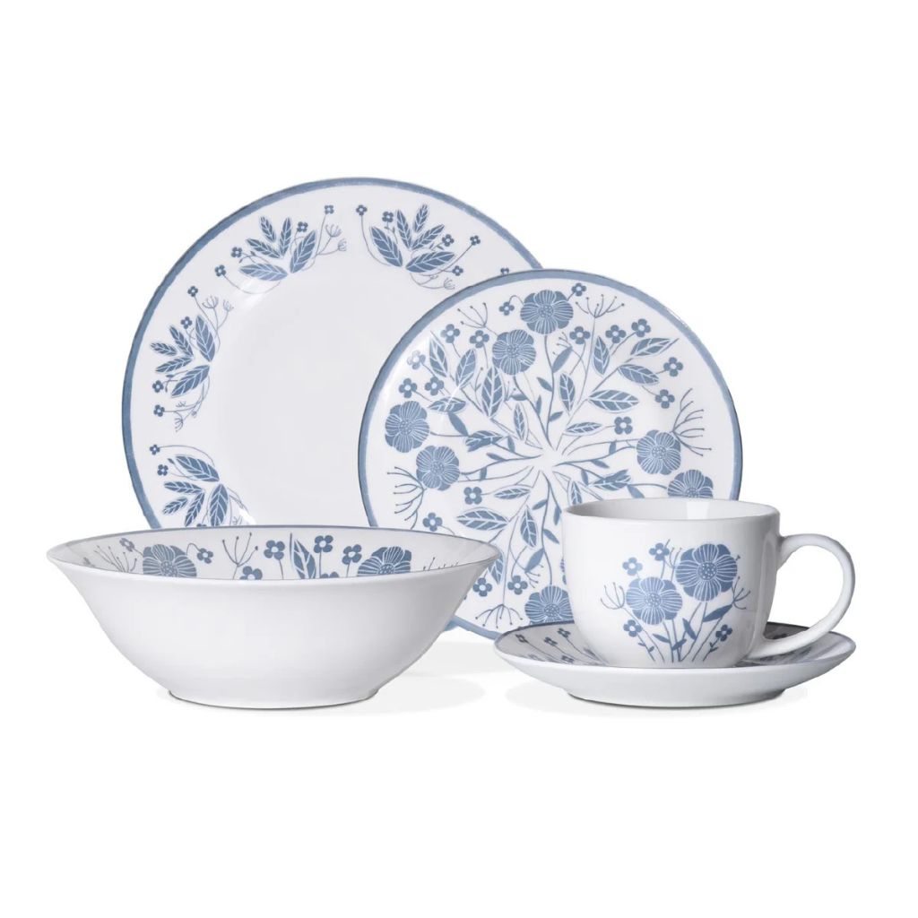 Juego de Vajilla 30 Piezas de Porcelana Decorada Modelo Hannah – Diseño Floral Azul