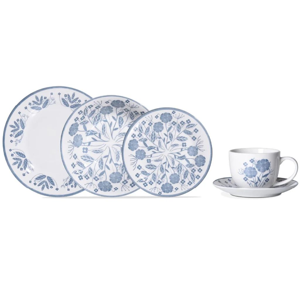 Juego de Vajilla 30 Piezas de Porcelana Decorada Modelo Hannah – Diseño Floral Azul